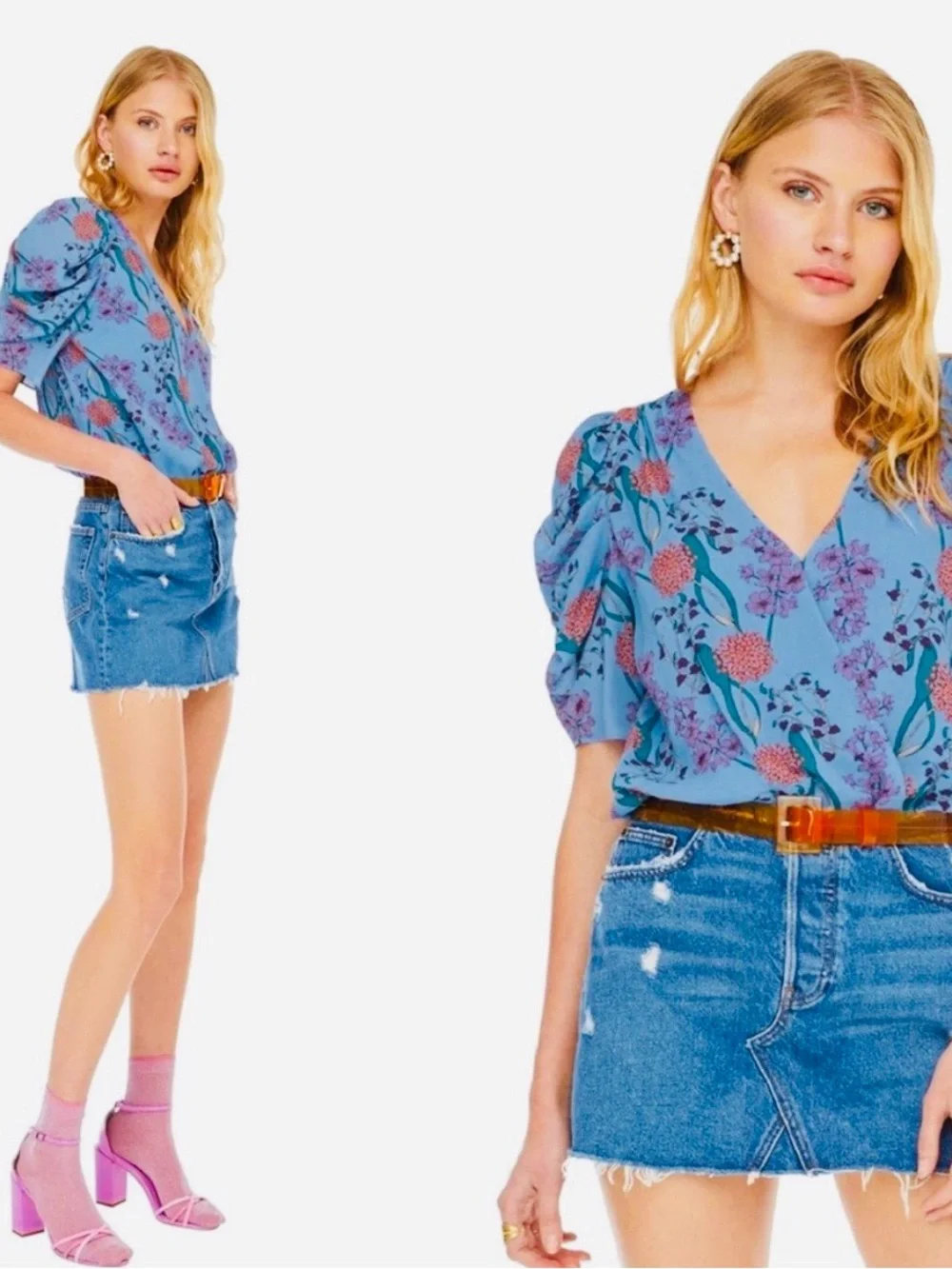 ASTR The Label Aspect Floral Bodysuit Bluebell Puff Sleeve Surplice Blouse